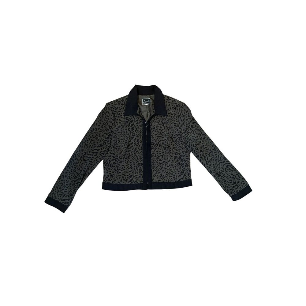 Vintage Lennie For Nina Leonard Black & Green Leopard-Print Cropped Jacket Zippe